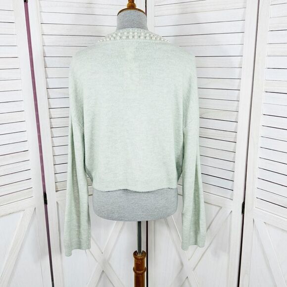 H&M Faux Pearl Beaded Neck Crop Sweater Mint Green Medium Long Sleeve - Picture 5 of 13